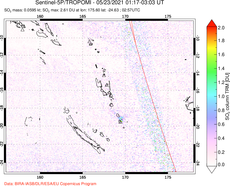 A sulfur dioxide image over Vanuatu, South Pacific on May 23, 2021.