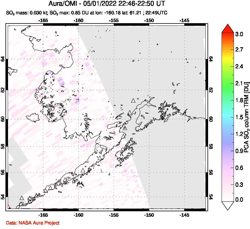 A sulfur dioxide image over Alaska, USA on May 01, 2022.
