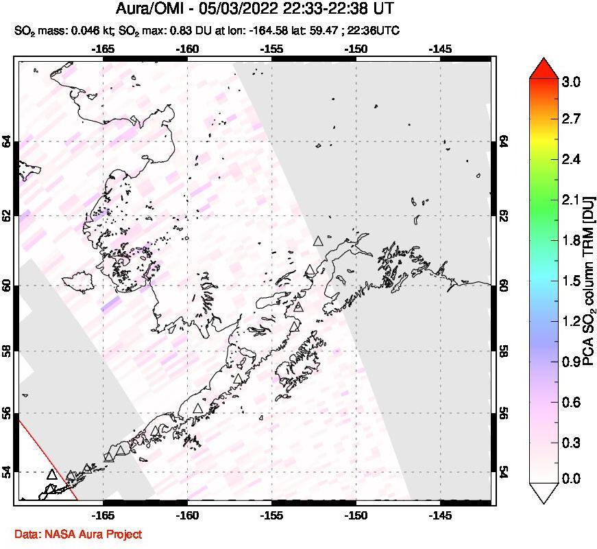 A sulfur dioxide image over Alaska, USA on May 03, 2022.
