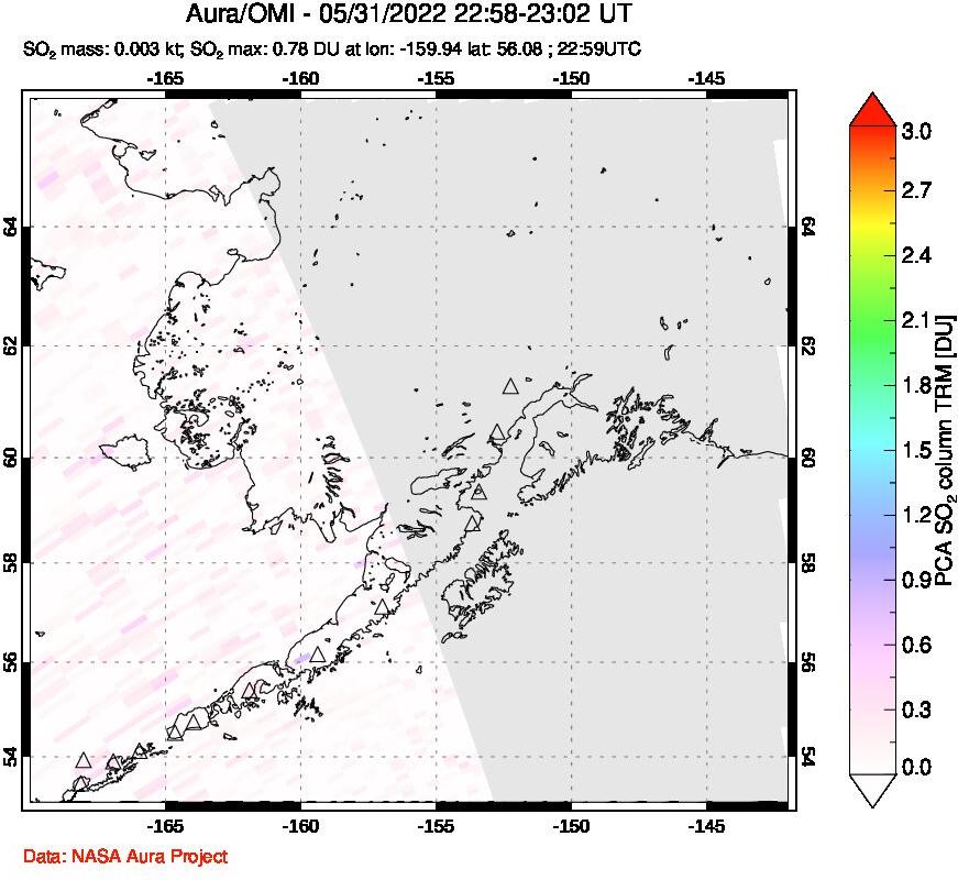A sulfur dioxide image over Alaska, USA on May 31, 2022.