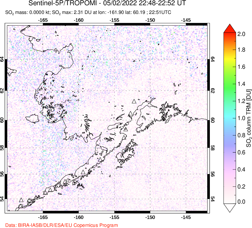 A sulfur dioxide image over Alaska, USA on May 02, 2022.