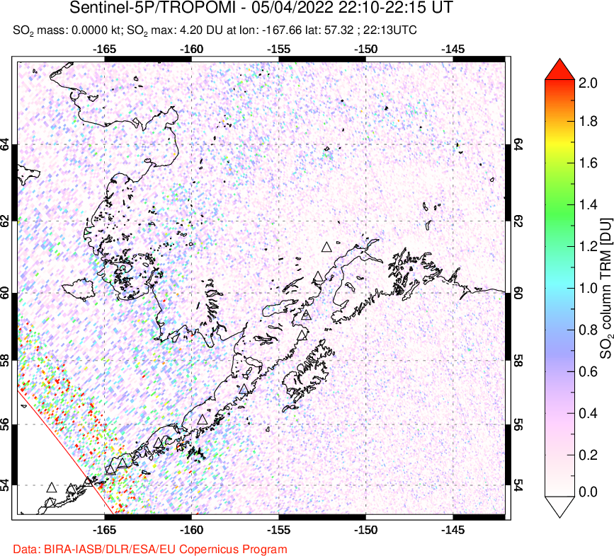 A sulfur dioxide image over Alaska, USA on May 04, 2022.
