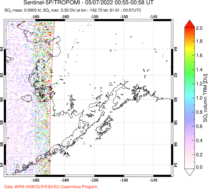 A sulfur dioxide image over Alaska, USA on May 07, 2022.
