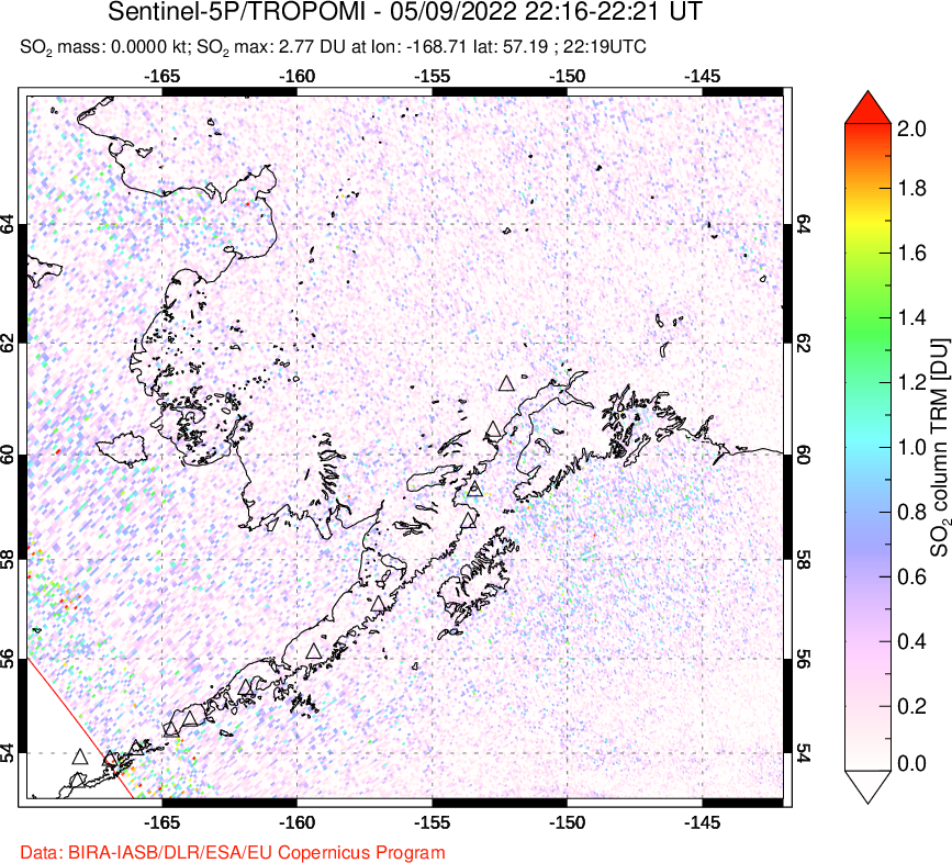 A sulfur dioxide image over Alaska, USA on May 09, 2022.