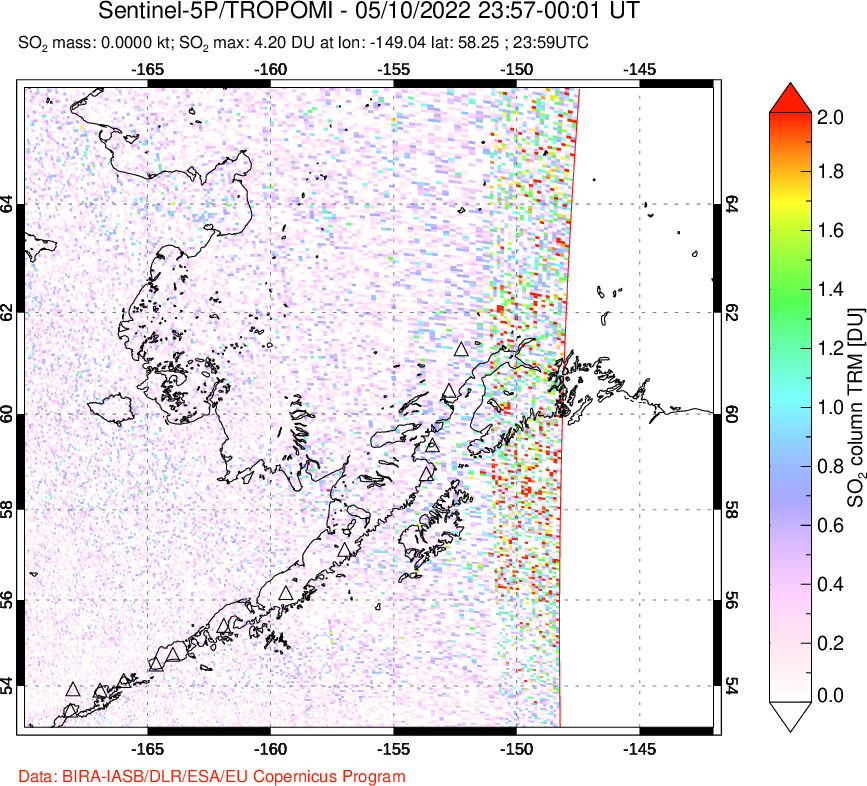 A sulfur dioxide image over Alaska, USA on May 10, 2022.