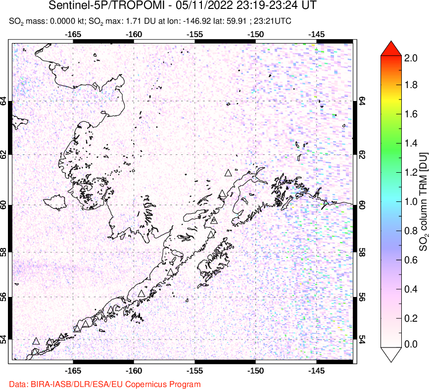 A sulfur dioxide image over Alaska, USA on May 11, 2022.