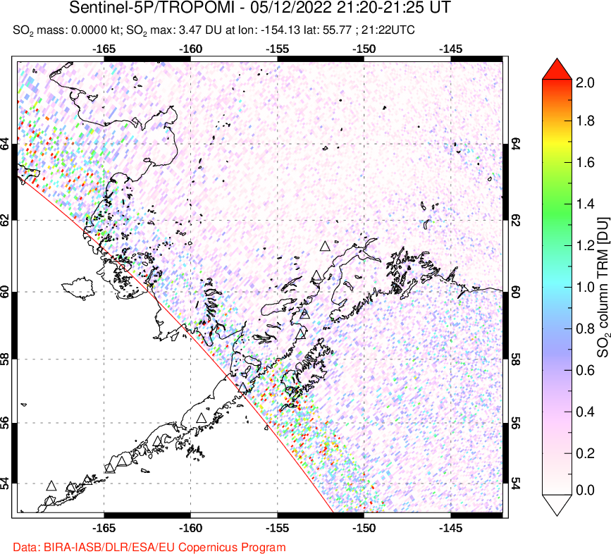 A sulfur dioxide image over Alaska, USA on May 12, 2022.