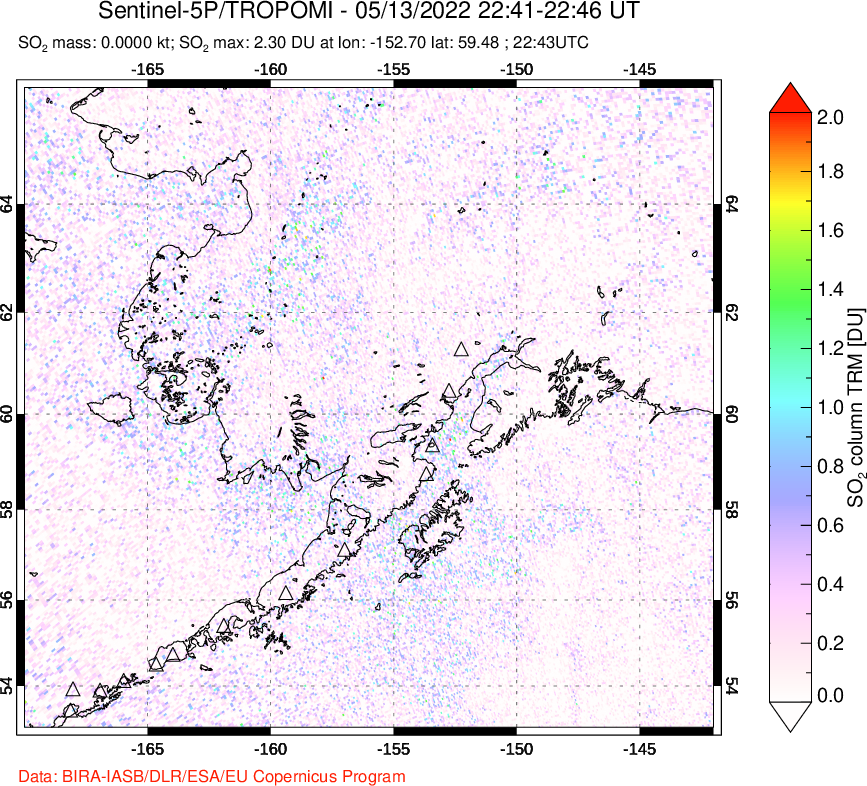 A sulfur dioxide image over Alaska, USA on May 13, 2022.