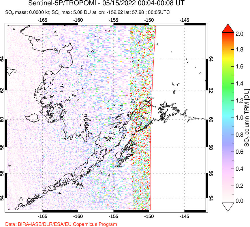 A sulfur dioxide image over Alaska, USA on May 15, 2022.