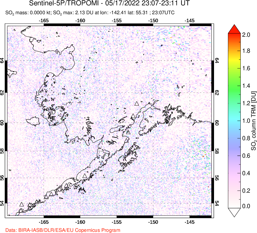 A sulfur dioxide image over Alaska, USA on May 17, 2022.