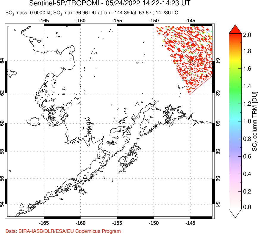 A sulfur dioxide image over Alaska, USA on May 24, 2022.