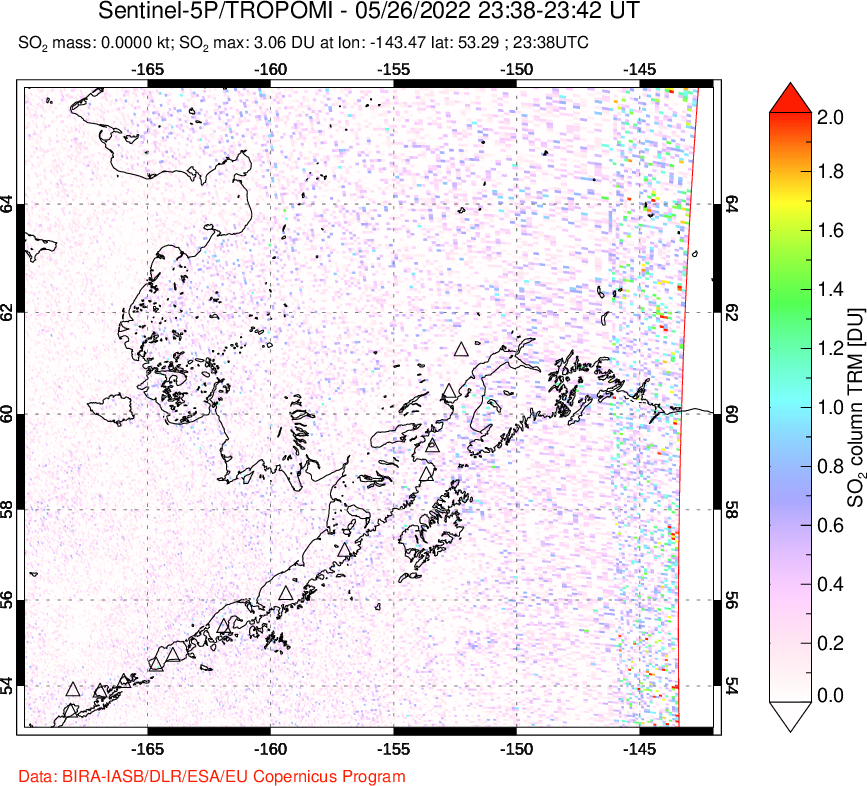 A sulfur dioxide image over Alaska, USA on May 26, 2022.
