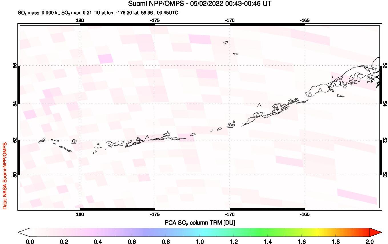 A sulfur dioxide image over Aleutian Islands, Alaska, USA on May 02, 2022.