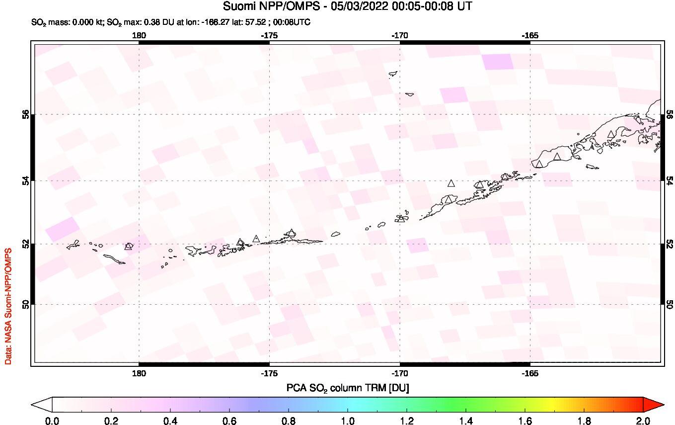 A sulfur dioxide image over Aleutian Islands, Alaska, USA on May 03, 2022.