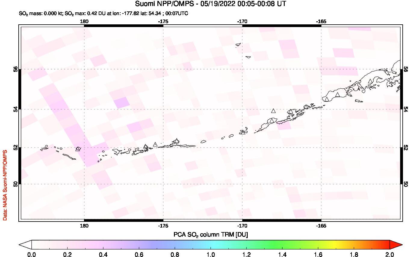 A sulfur dioxide image over Aleutian Islands, Alaska, USA on May 19, 2022.