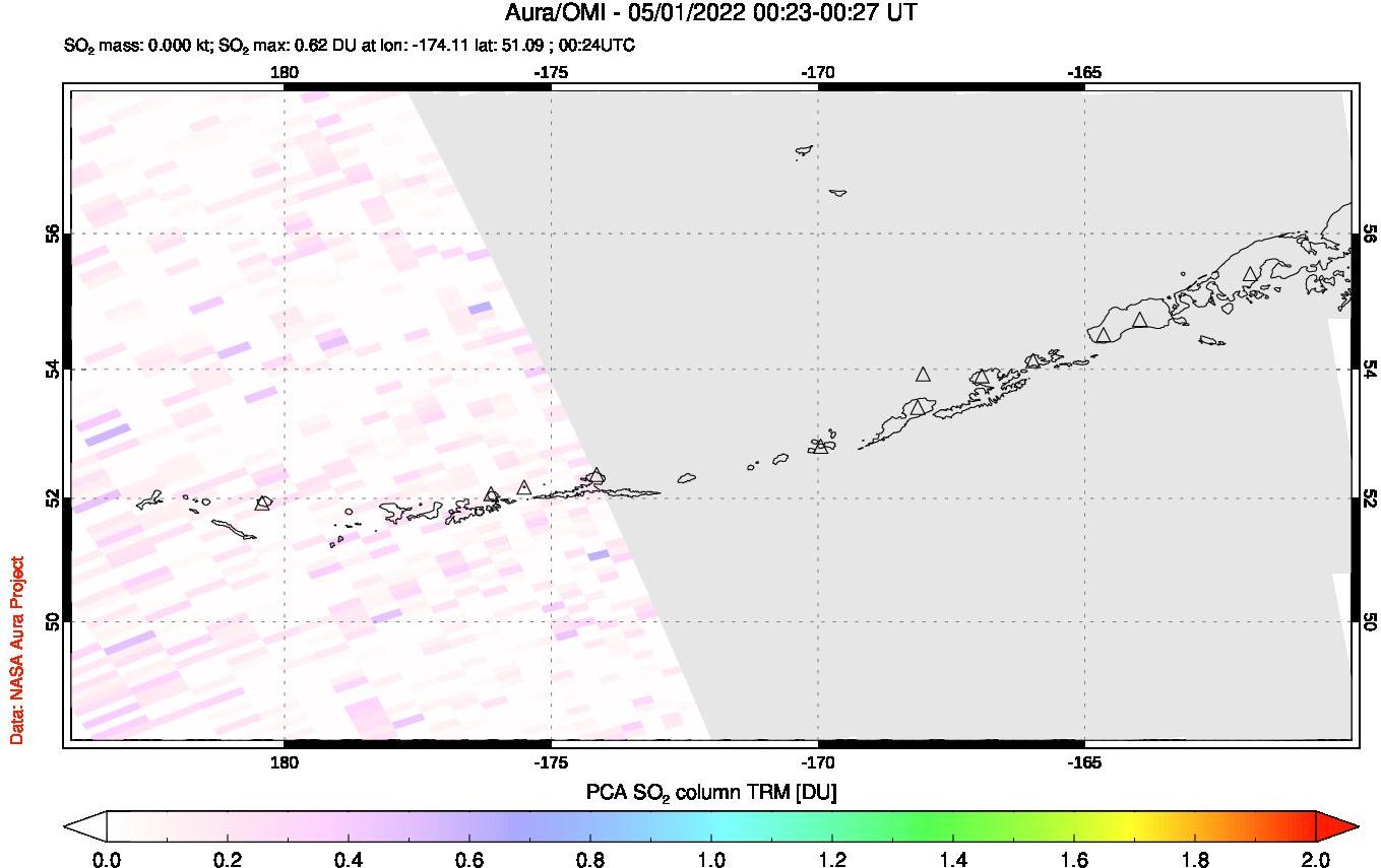 A sulfur dioxide image over Aleutian Islands, Alaska, USA on May 01, 2022.
