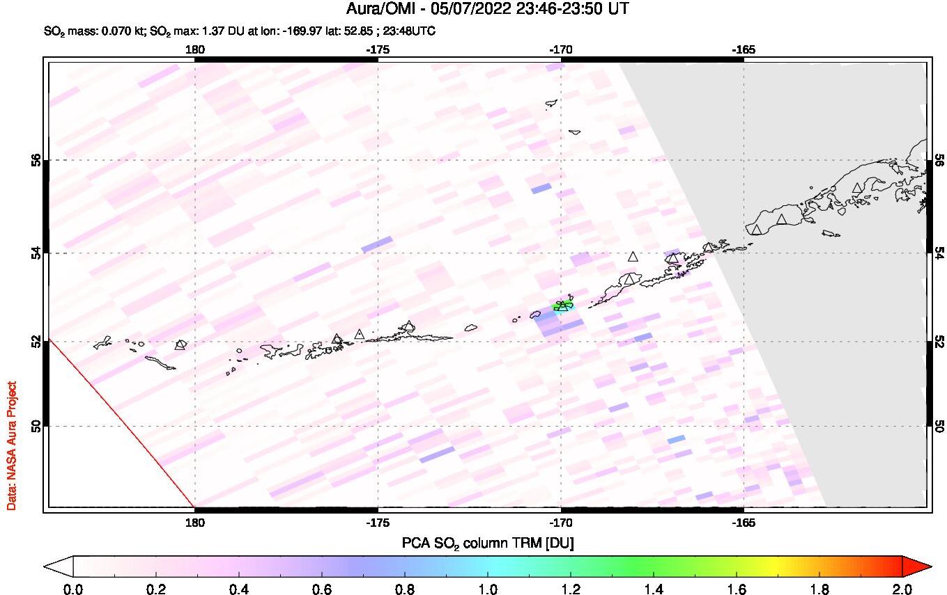 A sulfur dioxide image over Aleutian Islands, Alaska, USA on May 07, 2022.