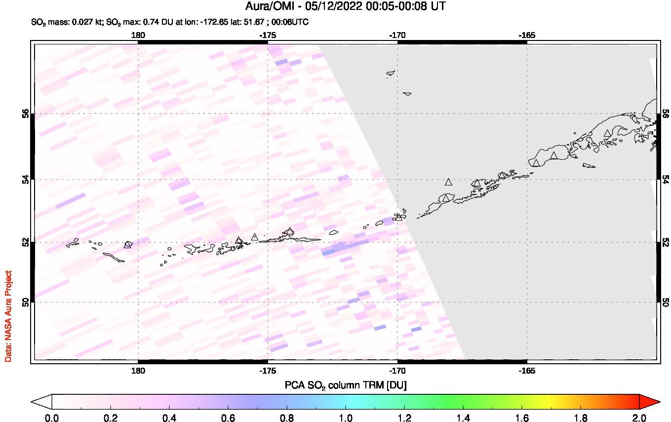 A sulfur dioxide image over Aleutian Islands, Alaska, USA on May 12, 2022.