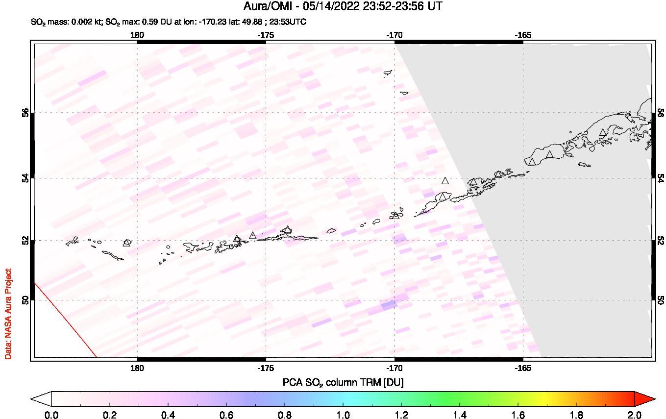 A sulfur dioxide image over Aleutian Islands, Alaska, USA on May 14, 2022.