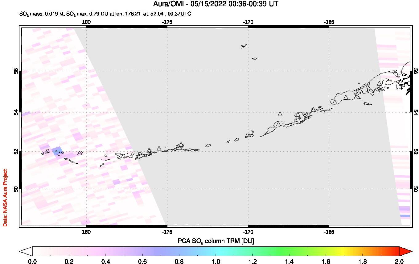 A sulfur dioxide image over Aleutian Islands, Alaska, USA on May 15, 2022.