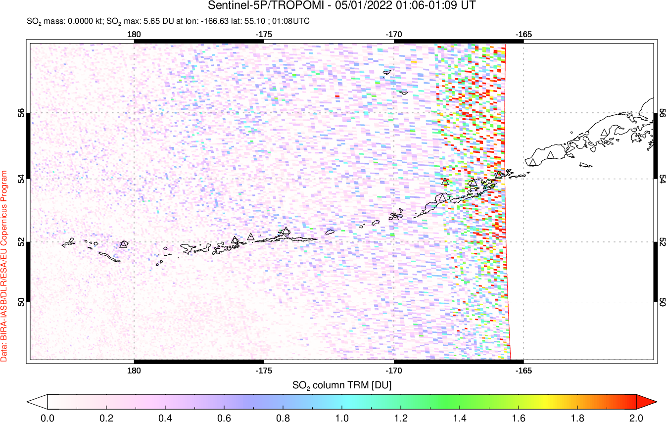 A sulfur dioxide image over Aleutian Islands, Alaska, USA on May 01, 2022.