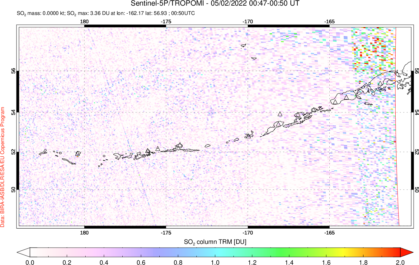 A sulfur dioxide image over Aleutian Islands, Alaska, USA on May 02, 2022.