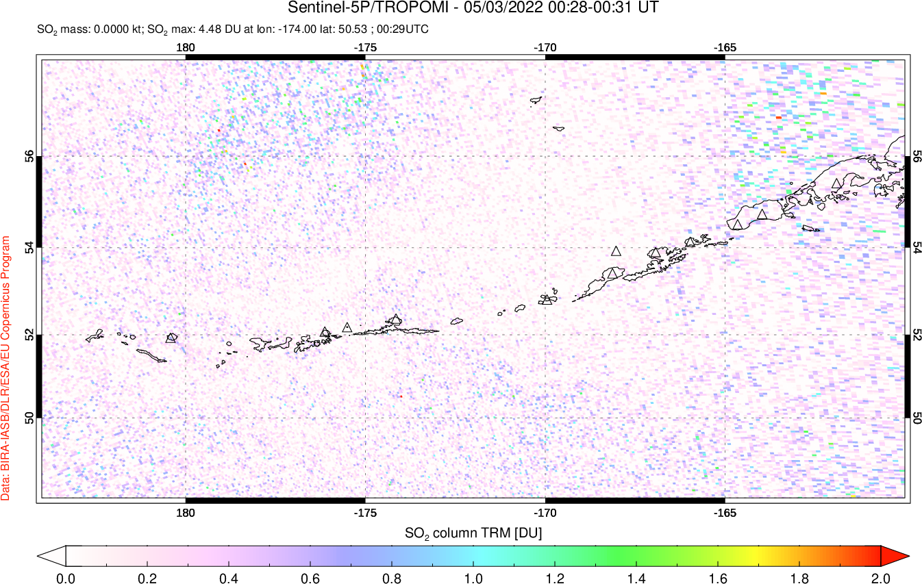 A sulfur dioxide image over Aleutian Islands, Alaska, USA on May 03, 2022.