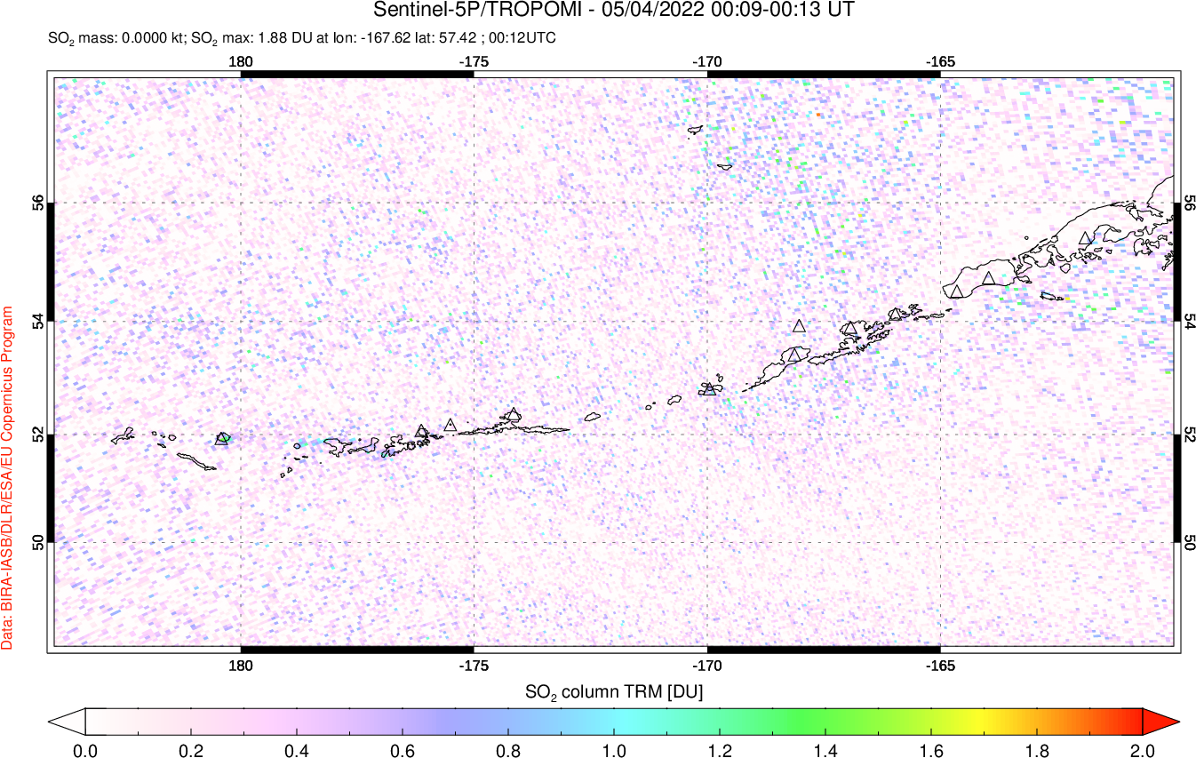 A sulfur dioxide image over Aleutian Islands, Alaska, USA on May 04, 2022.