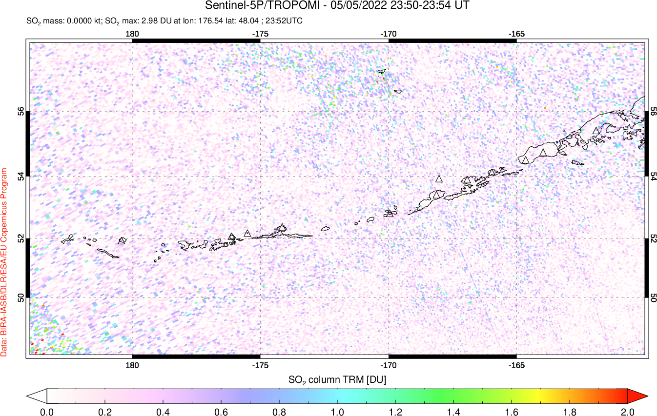 A sulfur dioxide image over Aleutian Islands, Alaska, USA on May 05, 2022.