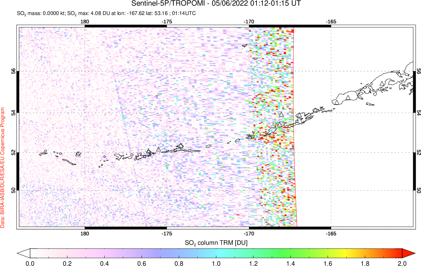 A sulfur dioxide image over Aleutian Islands, Alaska, USA on May 06, 2022.
