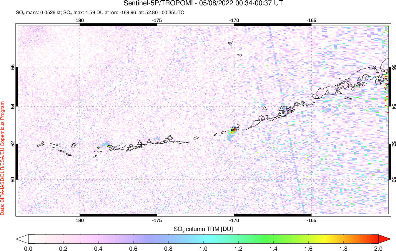 A sulfur dioxide image over Aleutian Islands, Alaska, USA on May 08, 2022.