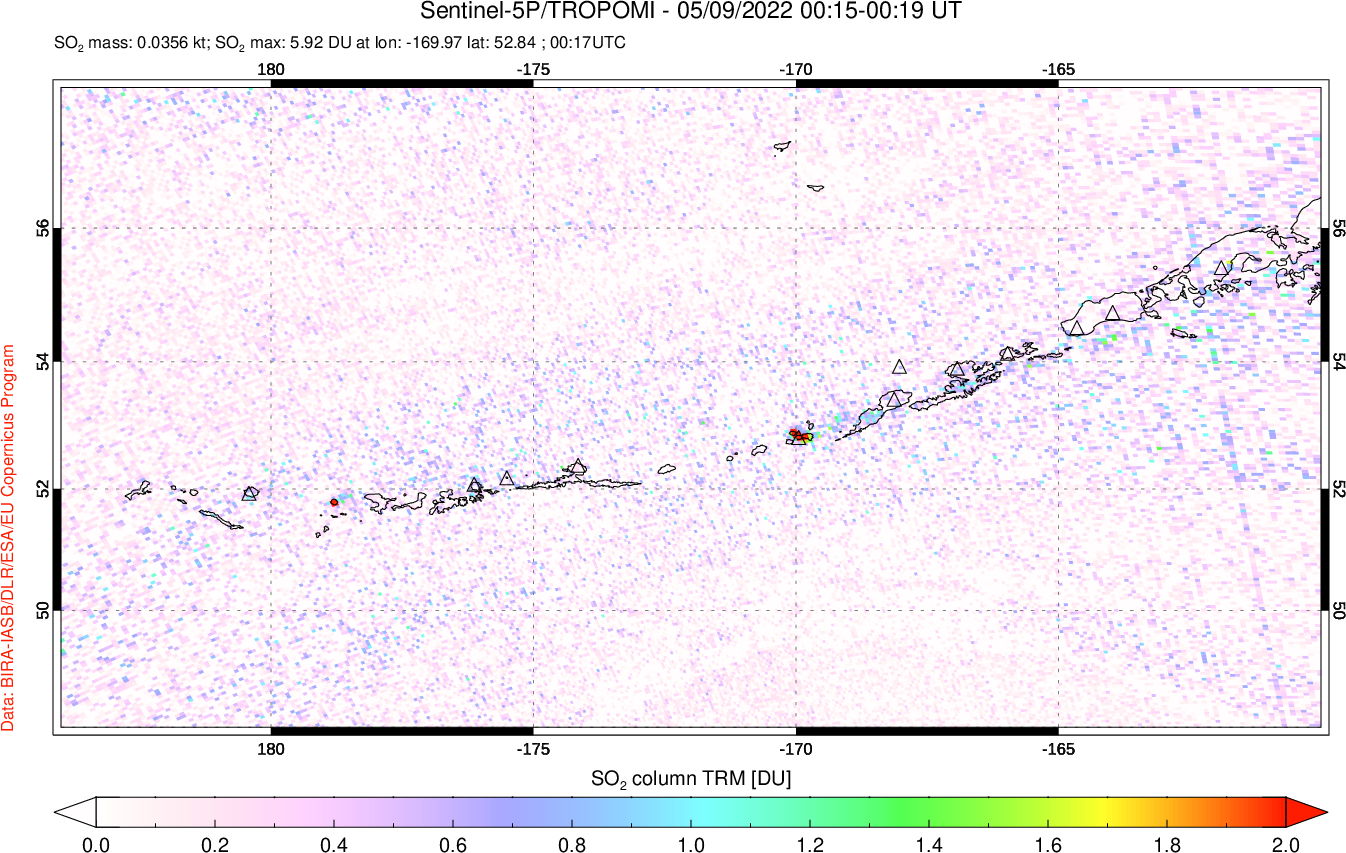 A sulfur dioxide image over Aleutian Islands, Alaska, USA on May 09, 2022.