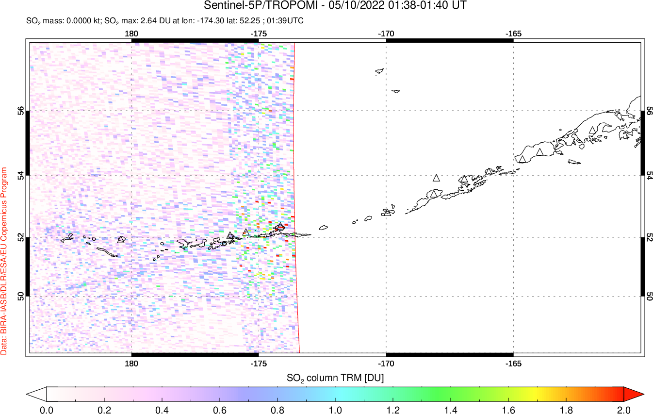 A sulfur dioxide image over Aleutian Islands, Alaska, USA on May 10, 2022.