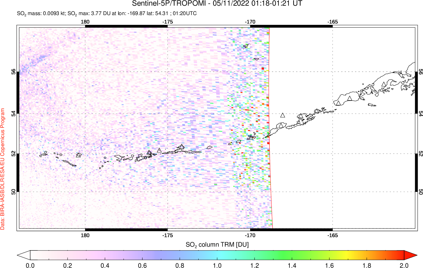 A sulfur dioxide image over Aleutian Islands, Alaska, USA on May 11, 2022.