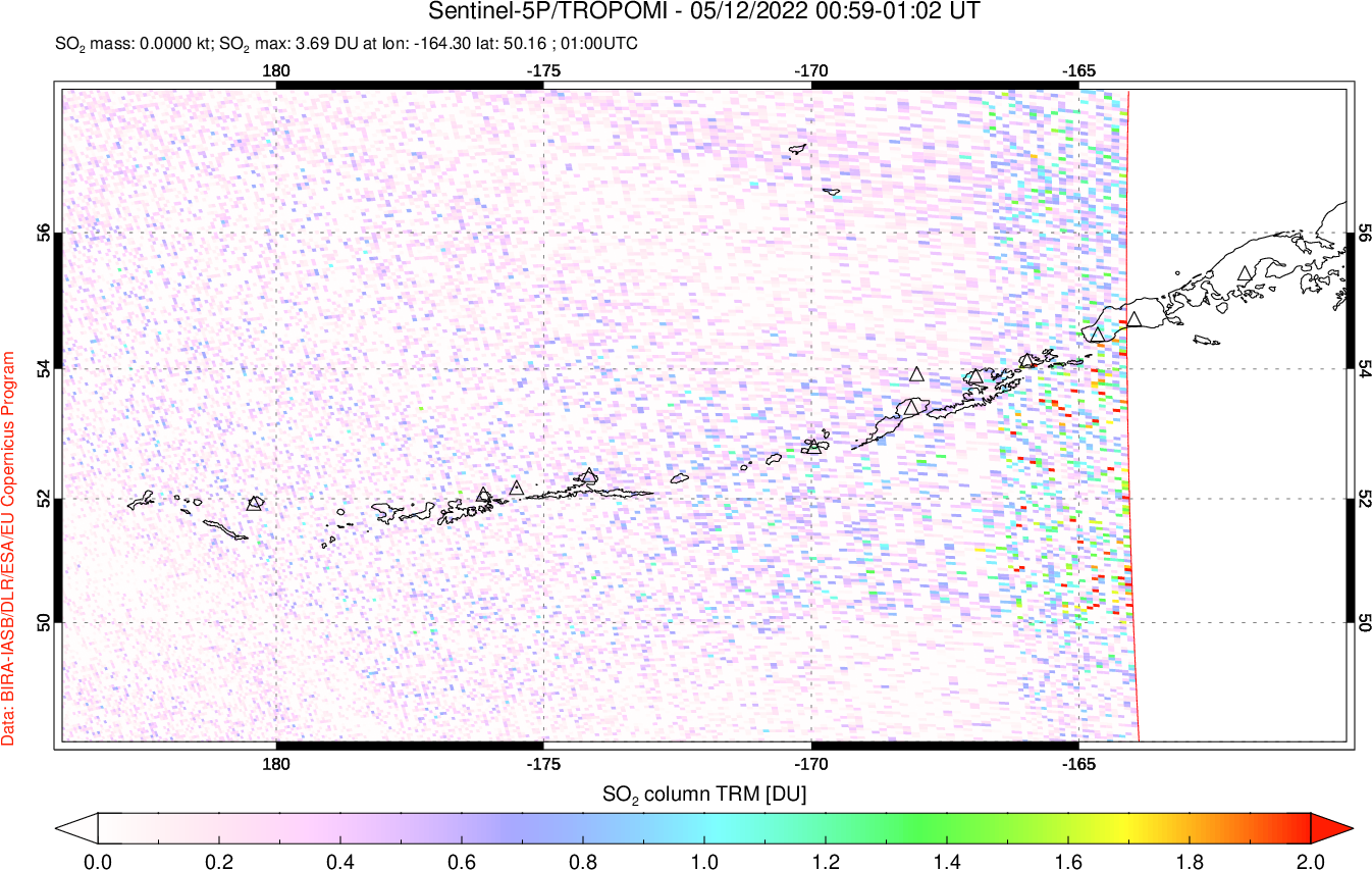 A sulfur dioxide image over Aleutian Islands, Alaska, USA on May 12, 2022.