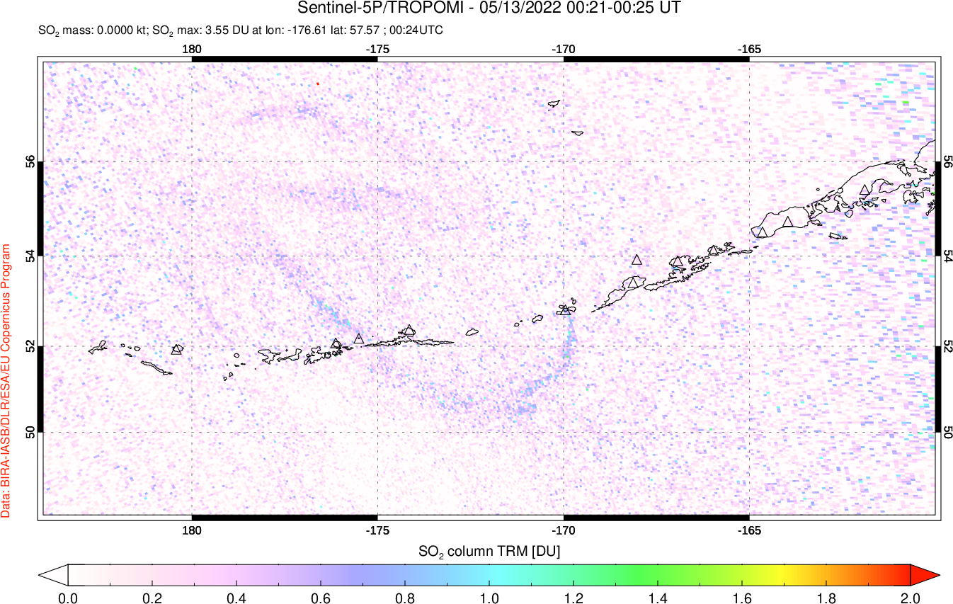 A sulfur dioxide image over Aleutian Islands, Alaska, USA on May 13, 2022.