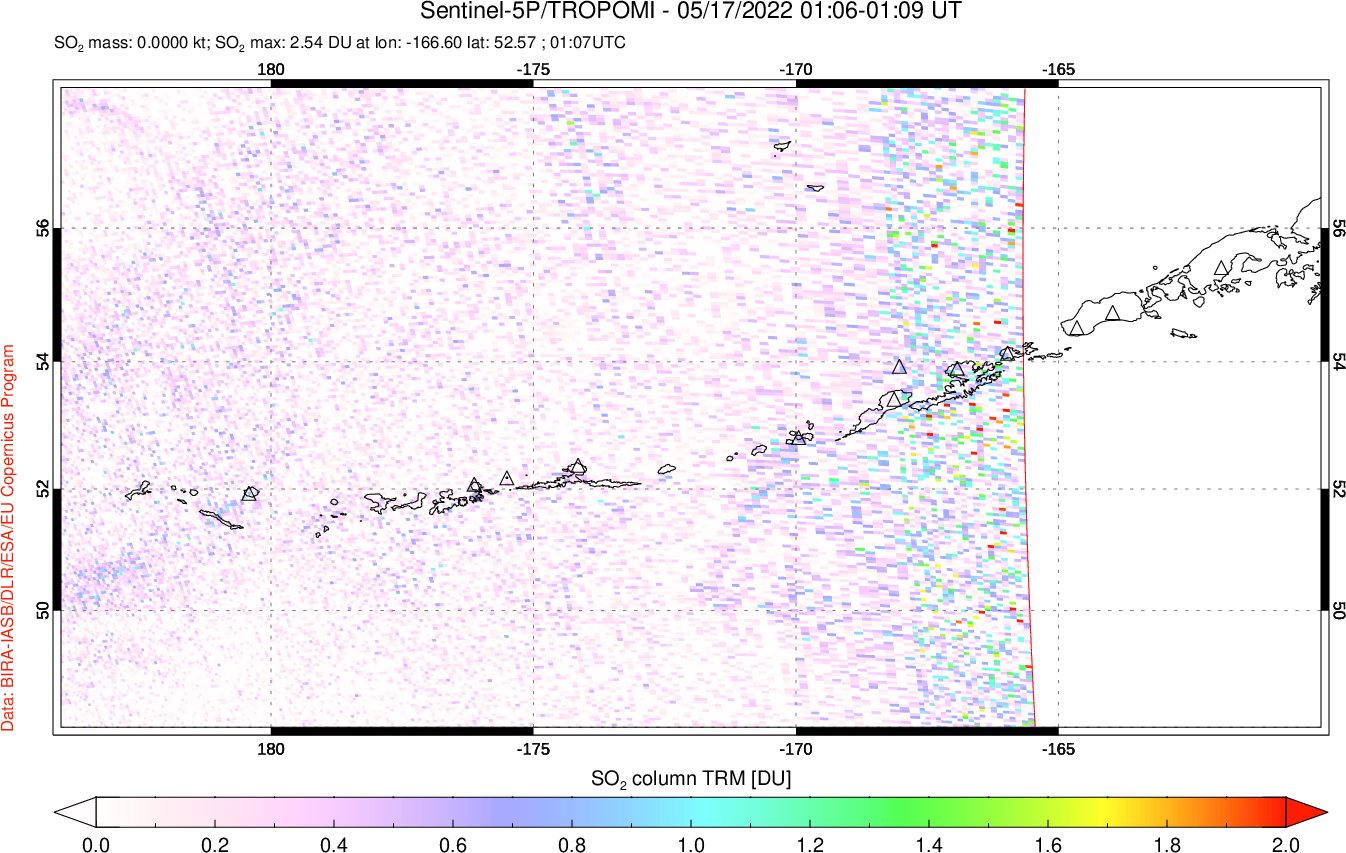 A sulfur dioxide image over Aleutian Islands, Alaska, USA on May 17, 2022.