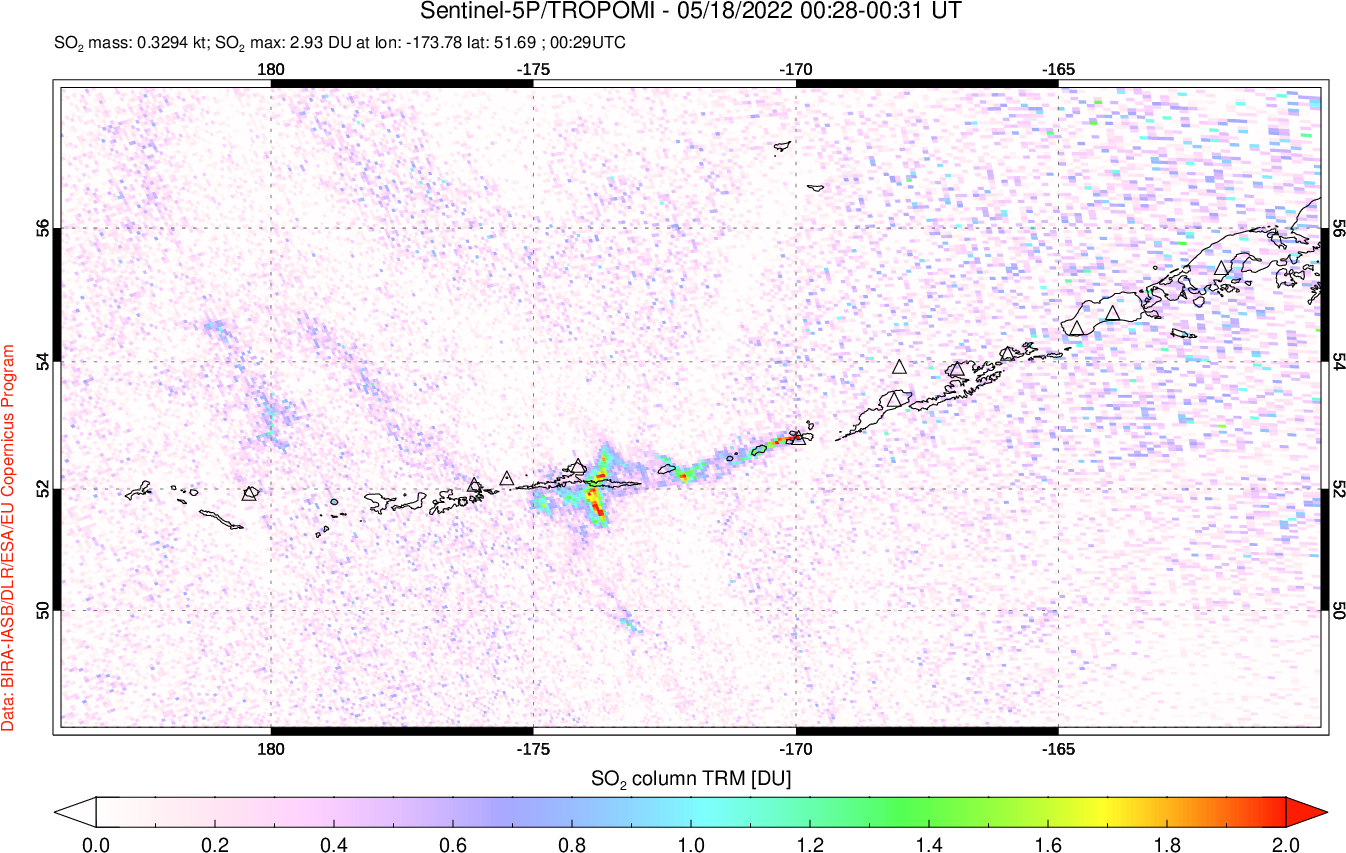 A sulfur dioxide image over Aleutian Islands, Alaska, USA on May 18, 2022.