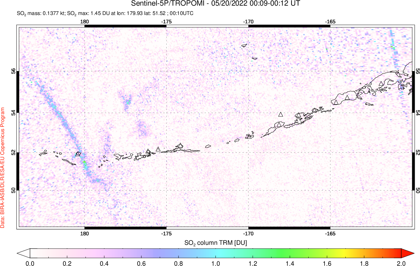 A sulfur dioxide image over Aleutian Islands, Alaska, USA on May 20, 2022.