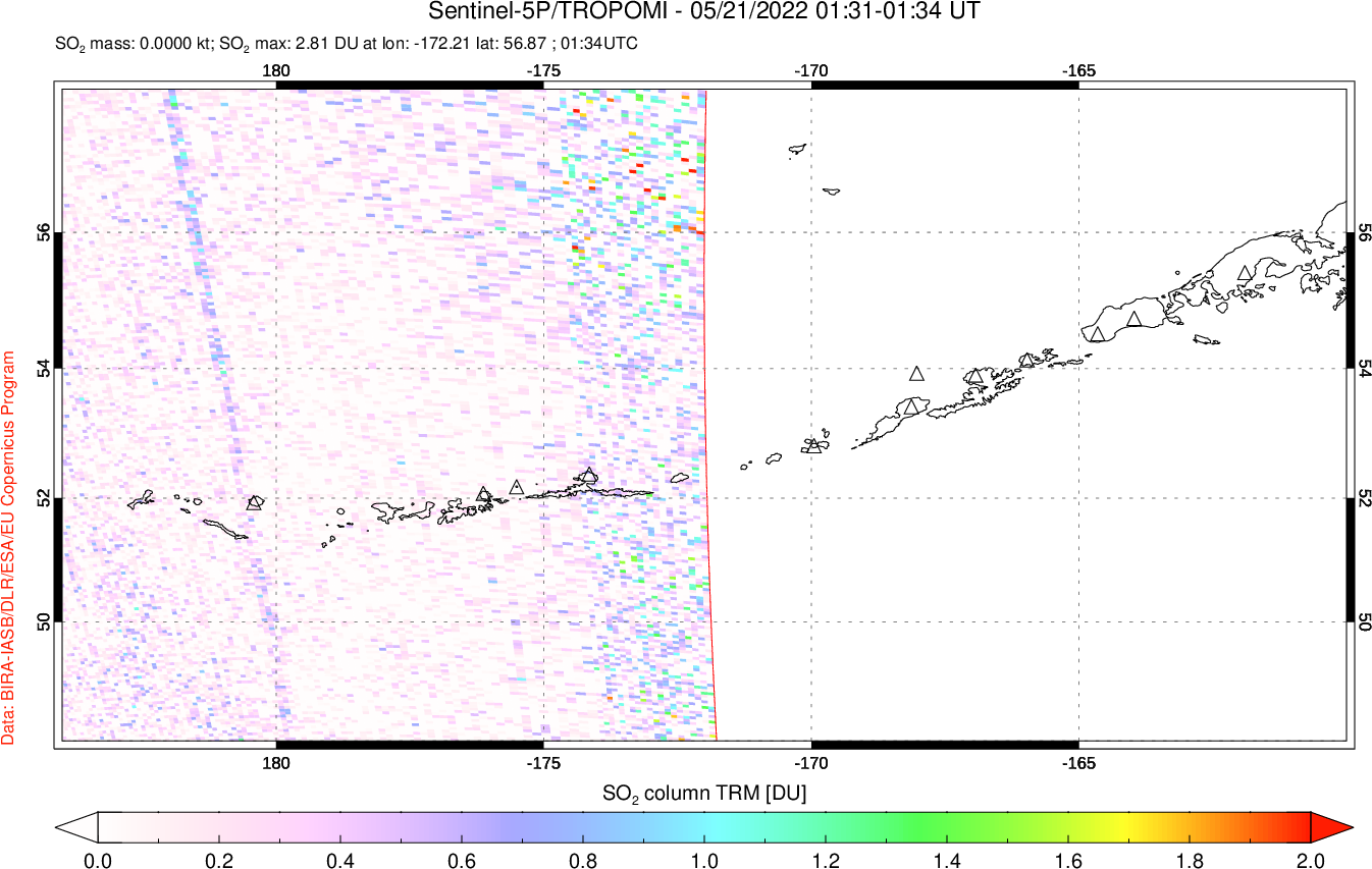 A sulfur dioxide image over Aleutian Islands, Alaska, USA on May 21, 2022.