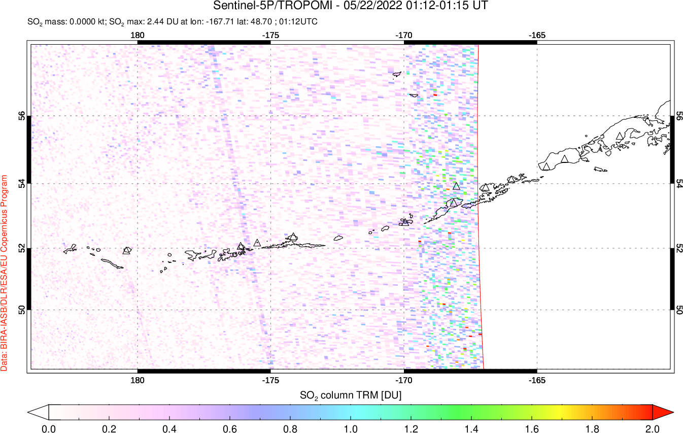 A sulfur dioxide image over Aleutian Islands, Alaska, USA on May 22, 2022.