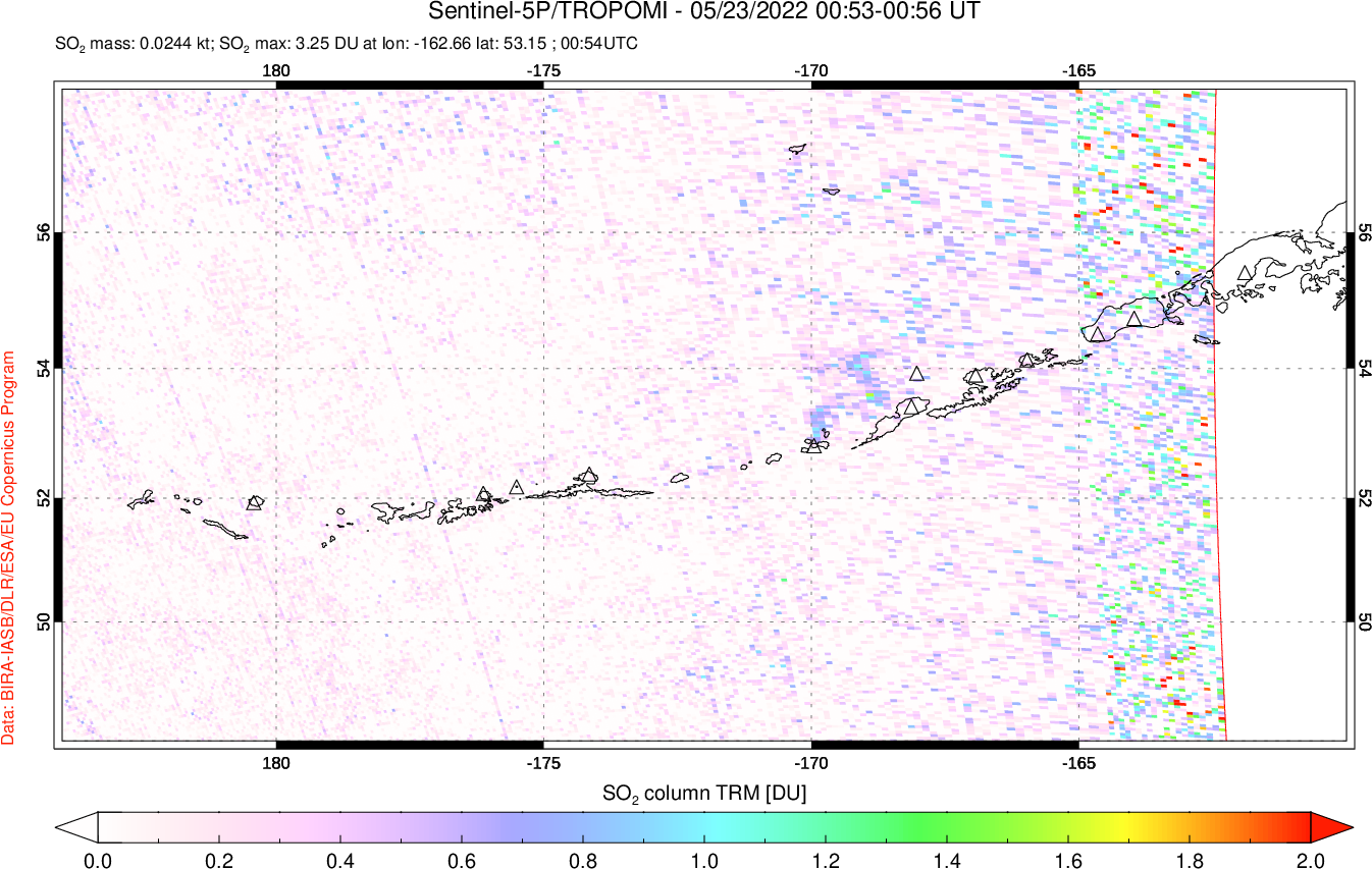 A sulfur dioxide image over Aleutian Islands, Alaska, USA on May 23, 2022.