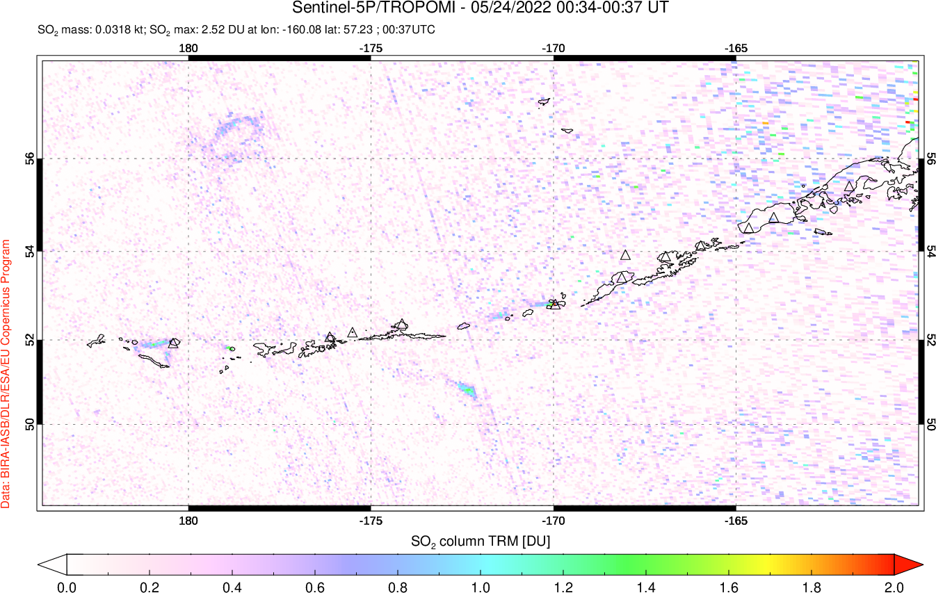A sulfur dioxide image over Aleutian Islands, Alaska, USA on May 24, 2022.