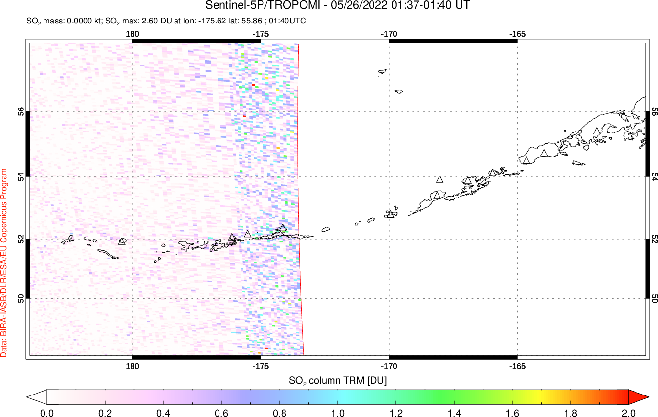 A sulfur dioxide image over Aleutian Islands, Alaska, USA on May 26, 2022.