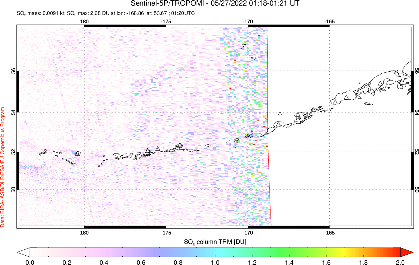 A sulfur dioxide image over Aleutian Islands, Alaska, USA on May 27, 2022.