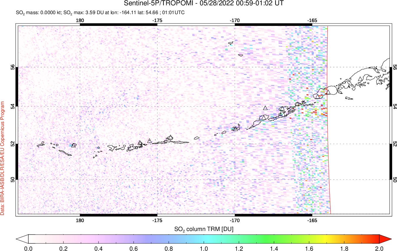A sulfur dioxide image over Aleutian Islands, Alaska, USA on May 28, 2022.