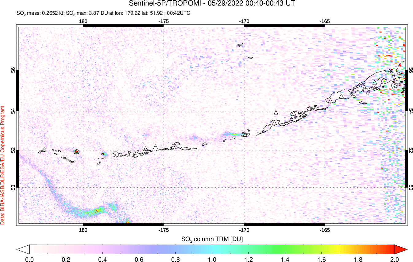 A sulfur dioxide image over Aleutian Islands, Alaska, USA on May 29, 2022.