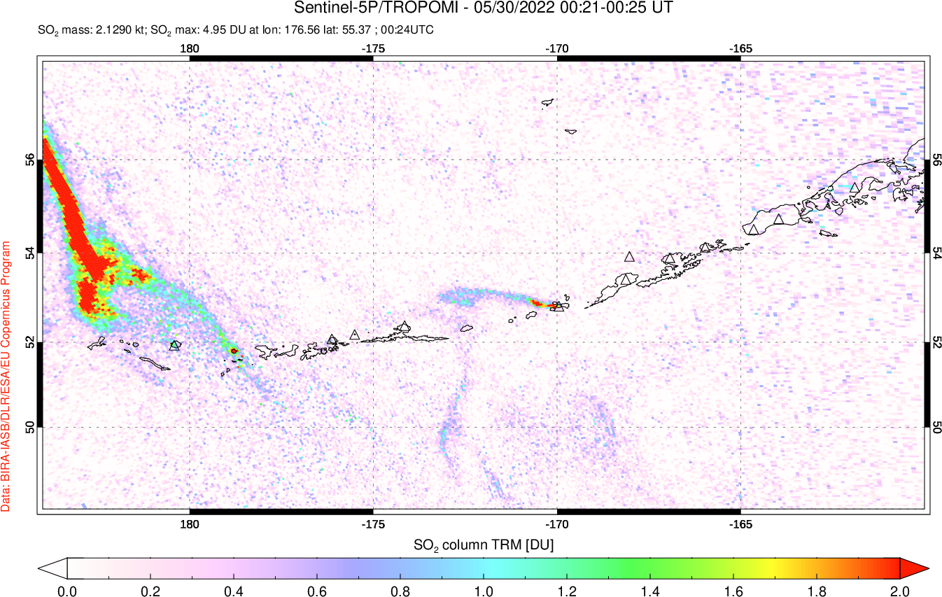 A sulfur dioxide image over Aleutian Islands, Alaska, USA on May 30, 2022.