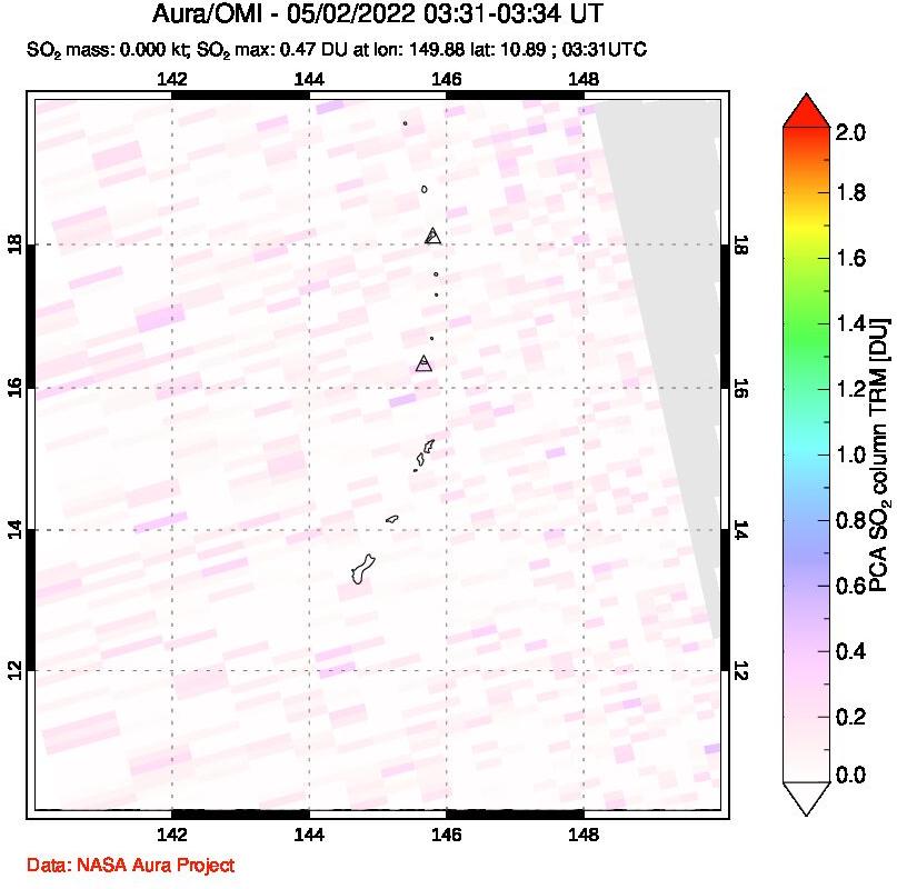 A sulfur dioxide image over Anatahan, Mariana Islands on May 02, 2022.