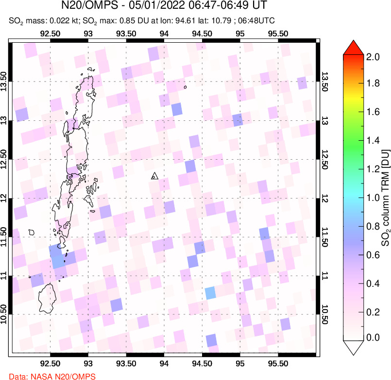 A sulfur dioxide image over Andaman Islands, Indian Ocean on May 01, 2022.